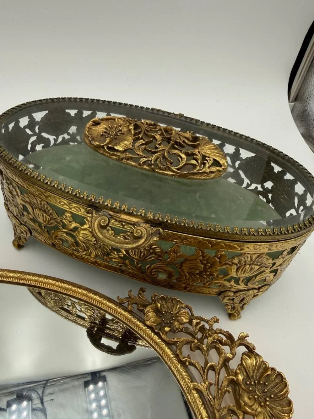 Vintage Gold Vanity Set With Hand Mirror Comb Brush Tray Jewelry Box & Small Fra